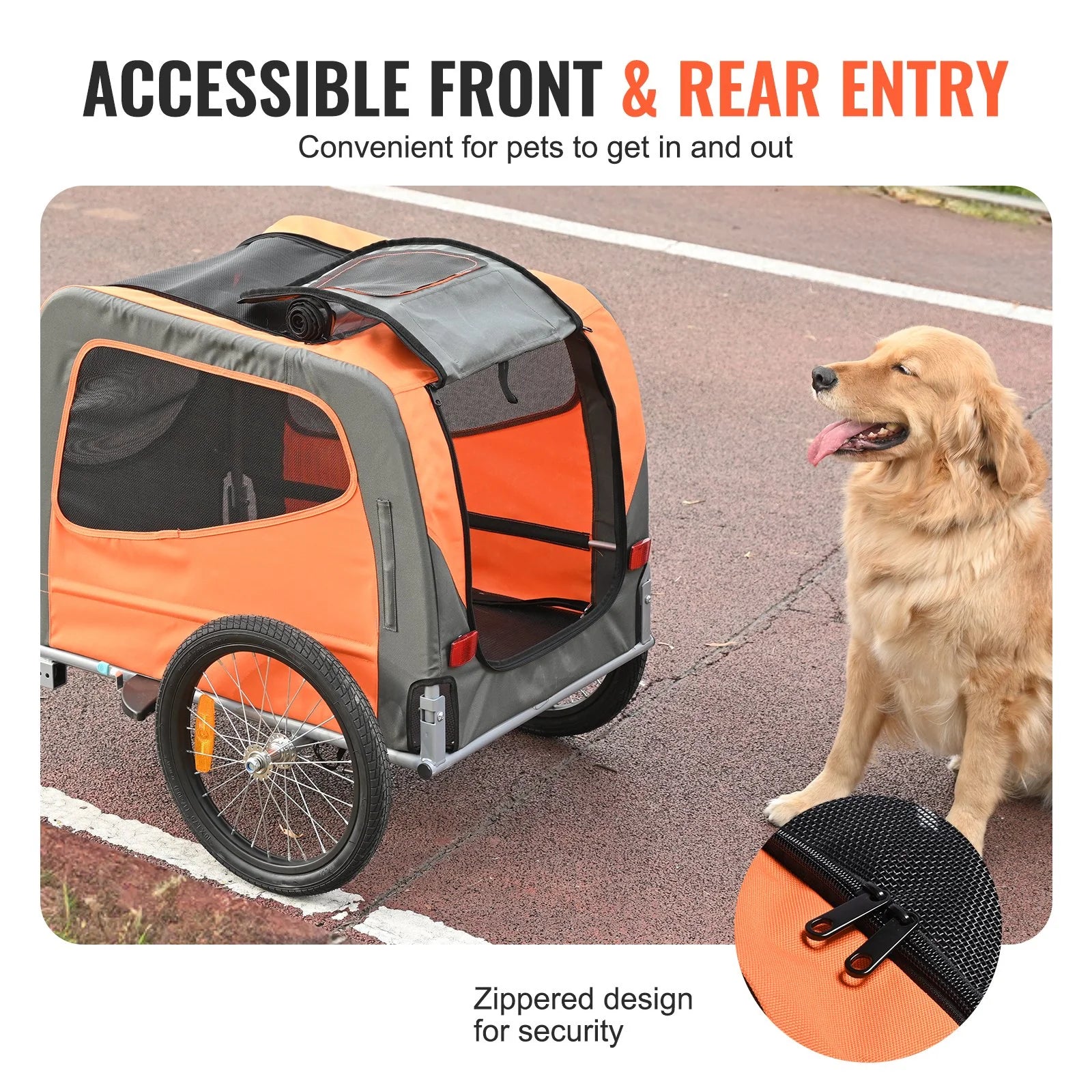 VEVOR Premium Dog Bike Trailer - Lightweight Pet Carrier for Biking, 66 Lbs Capacity, Easy-Fold Design, Quick Release Wheels & Reflectors, Collapsible for Storage - Orange/Gray