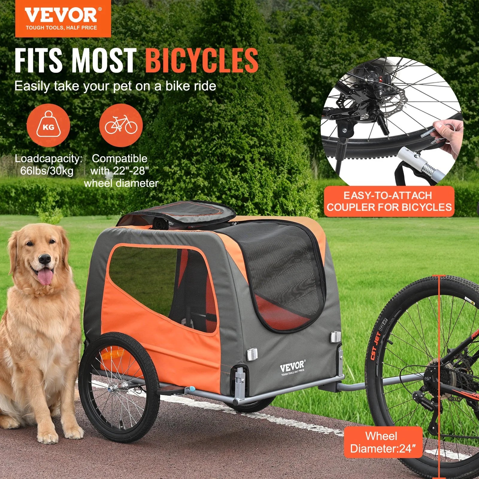 VEVOR Premium Dog Bike Trailer - Lightweight Pet Carrier for Biking, 66 Lbs Capacity, Easy-Fold Design, Quick Release Wheels & Reflectors, Collapsible for Storage - Orange/Gray