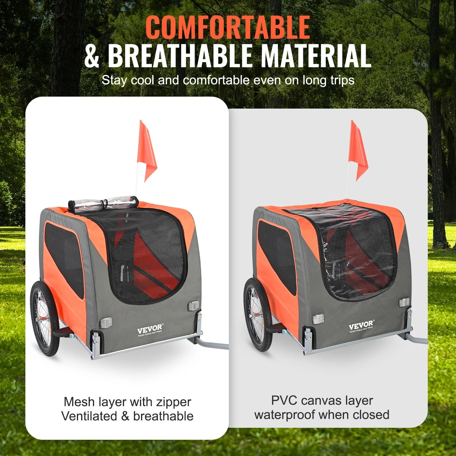 VEVOR Premium Dog Bike Trailer - Lightweight Pet Carrier for Biking, 66 Lbs Capacity, Easy-Fold Design, Quick Release Wheels & Reflectors, Collapsible for Storage - Orange/Gray