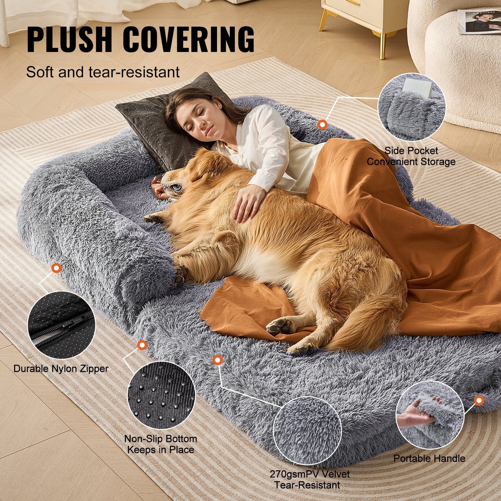Large 72" x 48" VEVOR Human Dog Bed - Washable PV Velvet Comfort for Pets and Owners